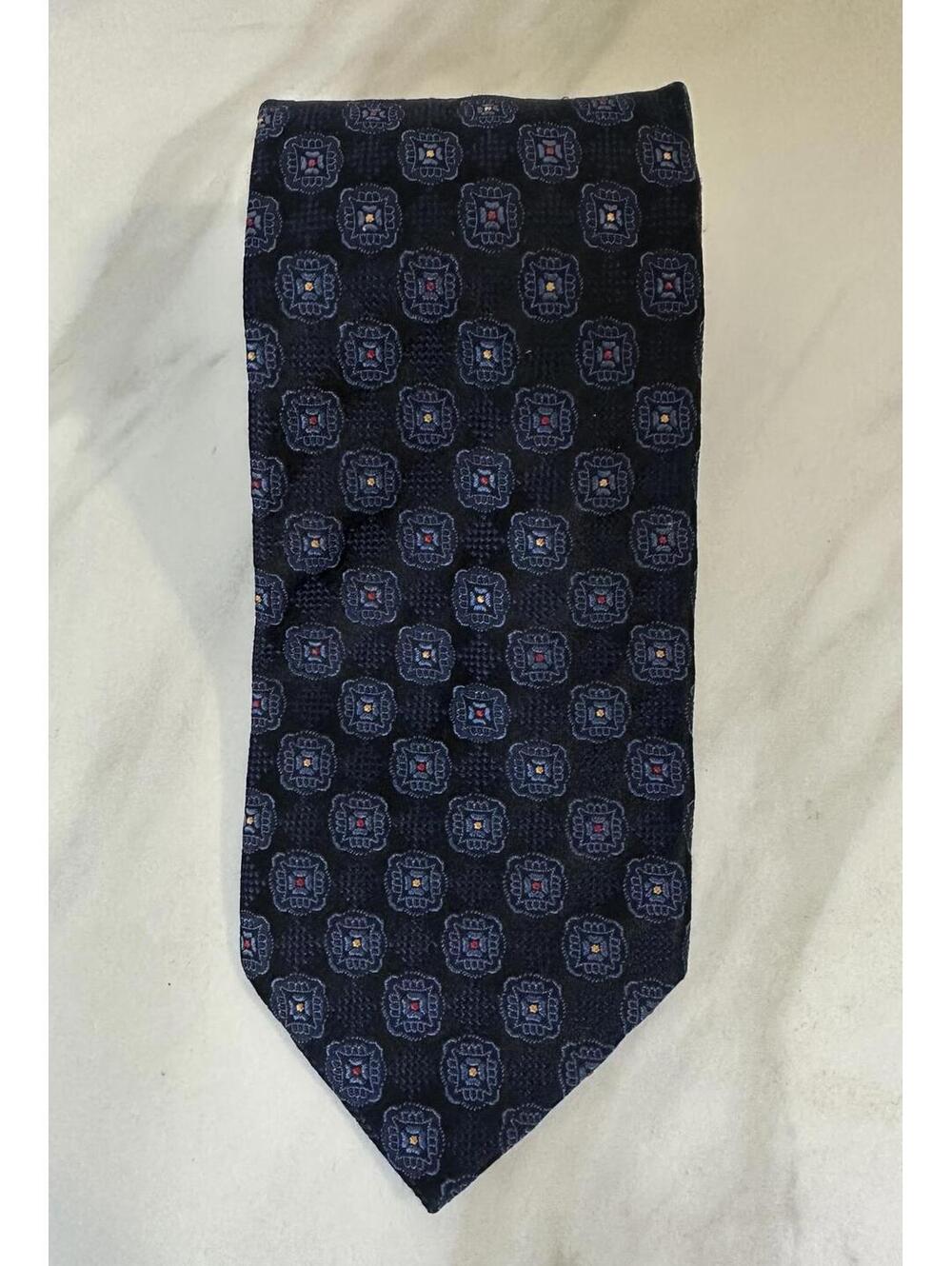 Vintage XMI Platinum classic navy blue geometric medallion silk neck tie - Picture 1 of 4